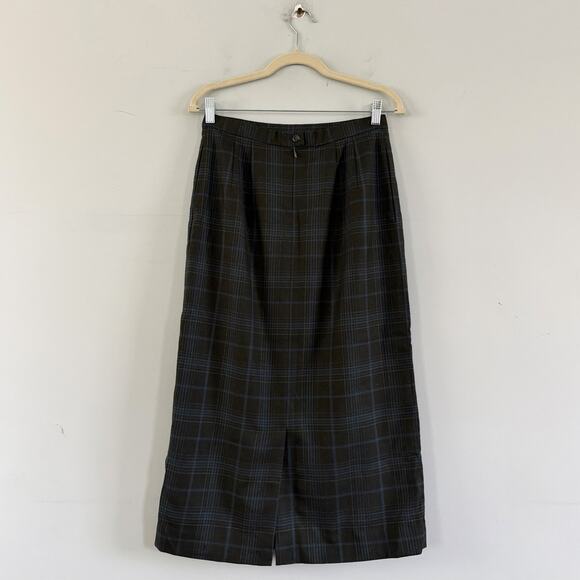 Vintage Pendleton 100% Virgin Wool Green Blue Plaid USA Academia Maxi Skirt - Picture 3 of 4